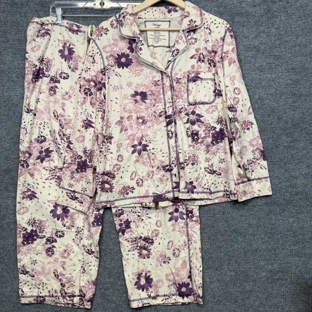 Vintage PJ's Soma Size XL Pajama Set Top Bottoms White Lavender Cotton Floral